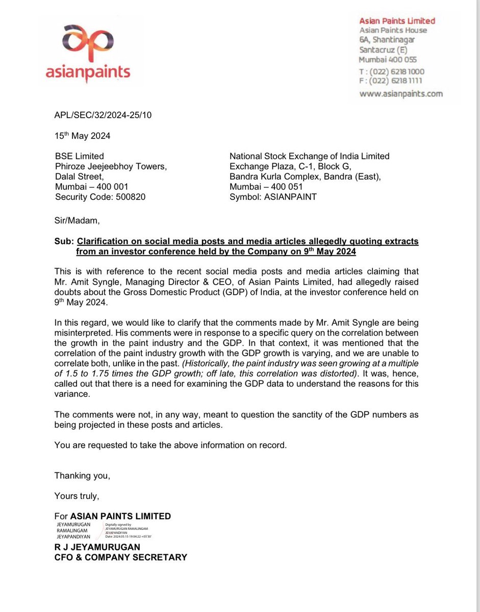 @asianpaints clarifies its CEO's statement raising question over India's #GDP growth numbers @NewIndianXpress @Dipak_Journo @santwana99