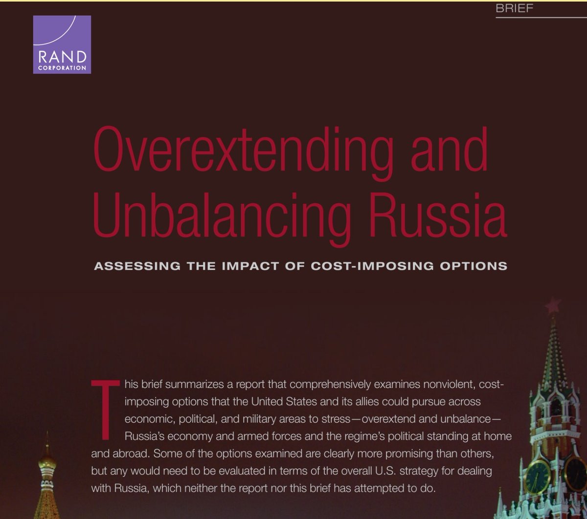 Wer meint, #Putin wolle ja keinen #Frieden und er führe einen unbegründeten Angriffskrieg, kann sich ja mal diese Studie durchlesen:
RAND: Overextending and Unbalancing Russia: Assessing the Impact of Cost-Imposing Options