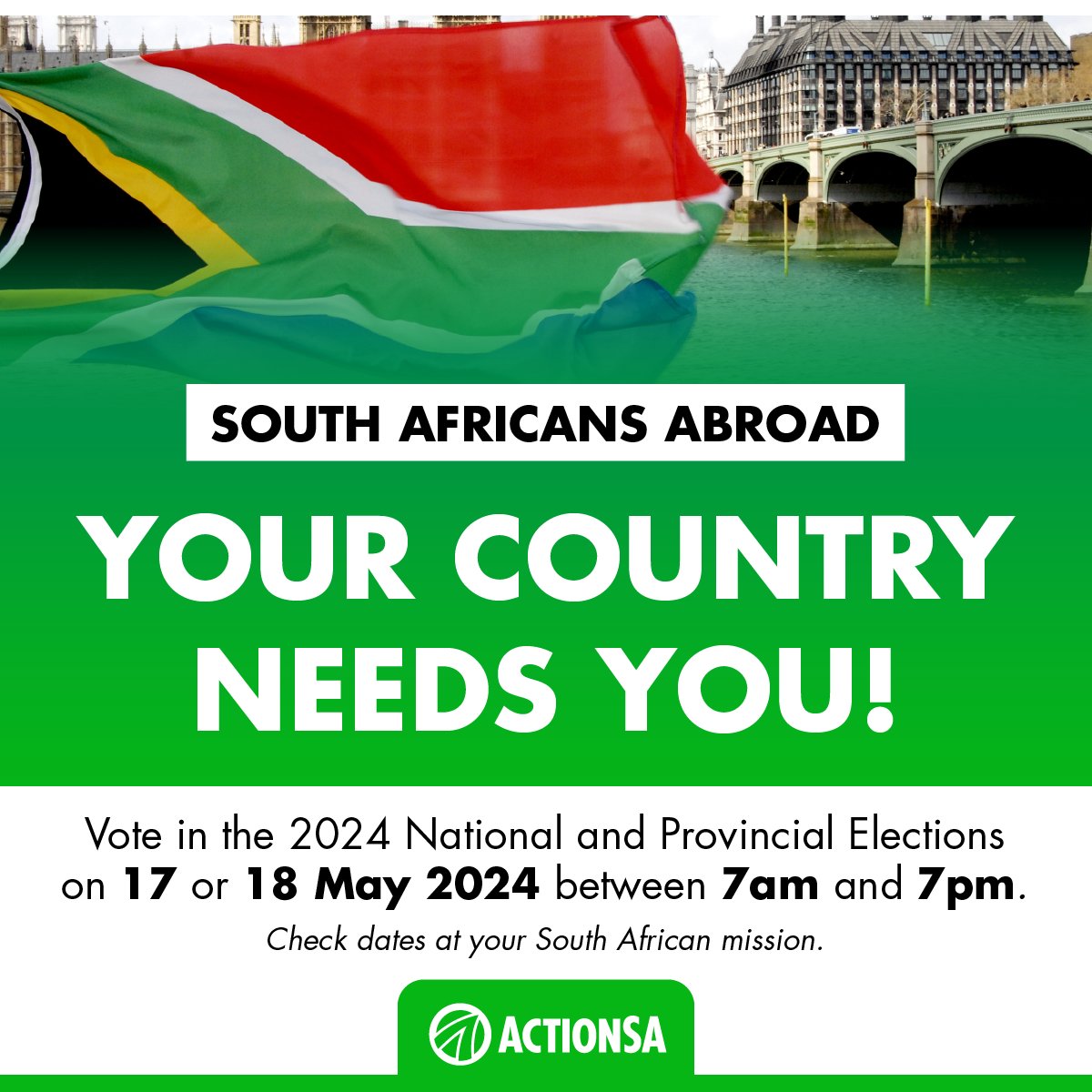 📣 South African citizens abroad, your country needs you! 🇿🇦 Vote in the 2024 National and Provincial Elections this weekend - Saturday, 17 May or Sunday, 18 May 2024 - and make your voice heard. #VoteActionSA 🗳️