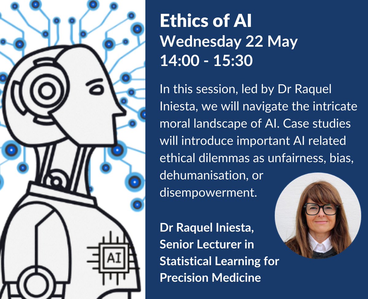 NIHR Maudsley Biomedical Research Centre (BRC) (@nihrmaudsleybrc) on Twitter photo Dr Raquel Iniesta <a href="/raqini/">Dr Raquel Iniesta</a> leads this online talk on the ethical challenges arising from the use of #AI in healthcare, education and industry.
The event is part of the King's Festival of Artificial Intelligence <a href="/aiatkings/">King's Institute for Artificial Intelligence</a> and Prediction Modelling series➡️eventbrite.com/e/ethics-of-ai… Dr Raquel Iniesta <a href="/raqini/">Dr Raquel Iniesta</a> leads this online talk on the ethical challenges arising from the use of #AI in healthcare, education and industry.
The event is part of the King's Festival of Artificial Intelligence <a href="/aiatkings/">King's Institute for Artificial Intelligence</a> and Prediction Modelling series➡️eventbrite.com/e/ethics-of-ai…
