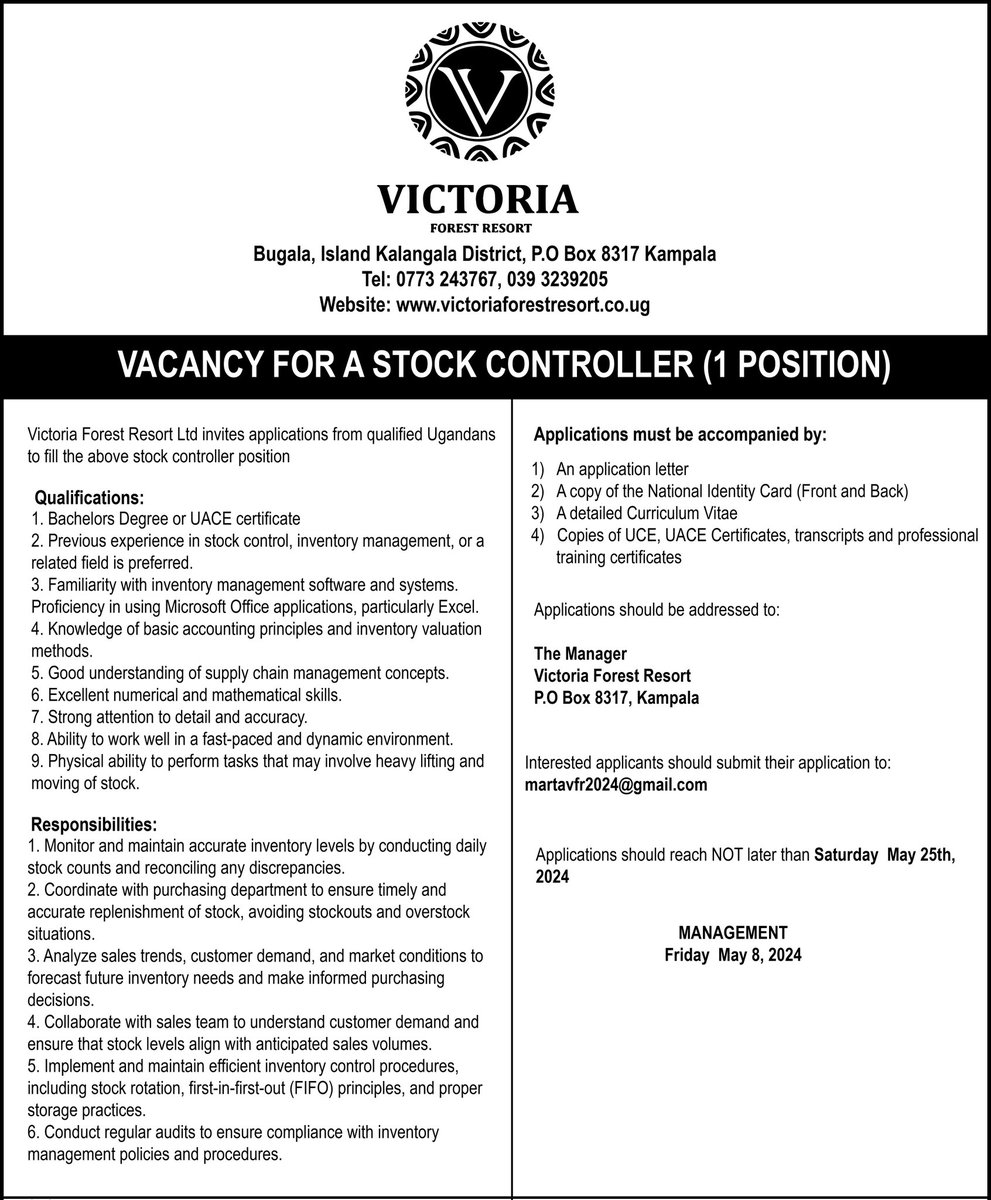 JOB ALERT 🇺🇬: VACANCY FOR A Stock Controller Victoria Forest Resort Ltd invites applications from qualified Ugandans to fill the mentioned position. #jobseekers #jobopportunity #JobAlert #VFR #VictoriaForestResort #Uganda #Thursday #careers
