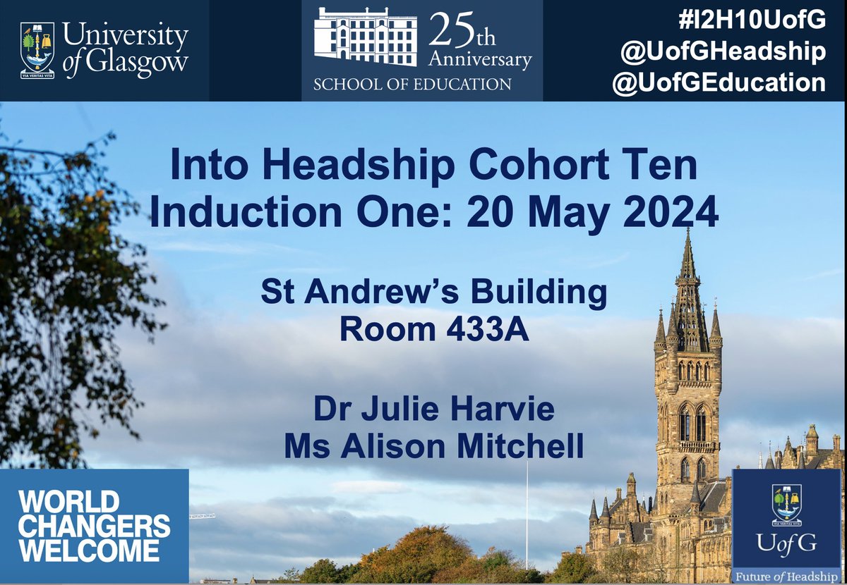 Congratulations to leaders who will be starting Into Headship Cohort Ten next week! We look forward to welcoming you to the @UofGlasgow school of education @UofGEducation on Monday 20th May 2024 at 1pm in Room 433a. We wish you every success through the programme 🌟 @Doug_GCC