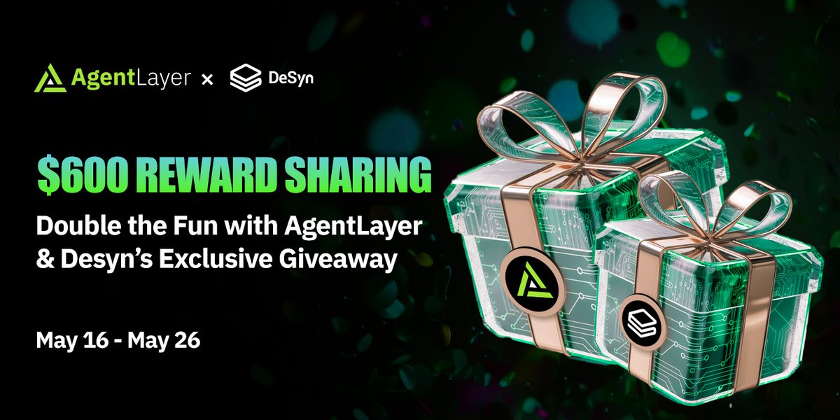🚀 The @Agent_Layer & @DesynLab $600 Giveaway Spectacularf! Prepare to be dazzled! Step into the spotlight and seize your chance to win big. 🎁 $600 prize pool up for grabs 🌟 $300 worth of DSN & $300 in AgentLayer Points ⏰ May 16 to May 26 taskon.xyz/campaign/detai…
