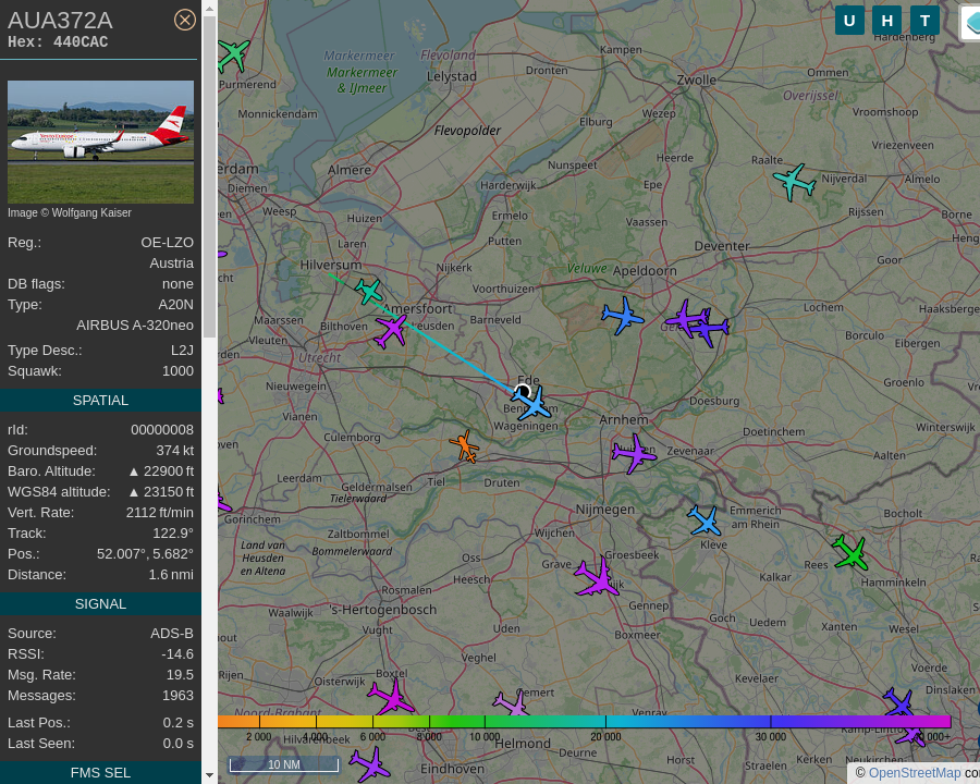 AboveEde's tweet photo. #AUA372A OE-LZO A320 271NSL Austrian Airlines AMS-VIE Amsterdam Airport Schiphol to Vienna International Airport: 0.5 mi away @ 22250 ft and 83.3° frm hrzn, heading SE @ 509.5mi/h 10:17:56. #UpInTheClouds #FlyingFast #ADSB #dump1090 https://t.co/0clIDB6fUp