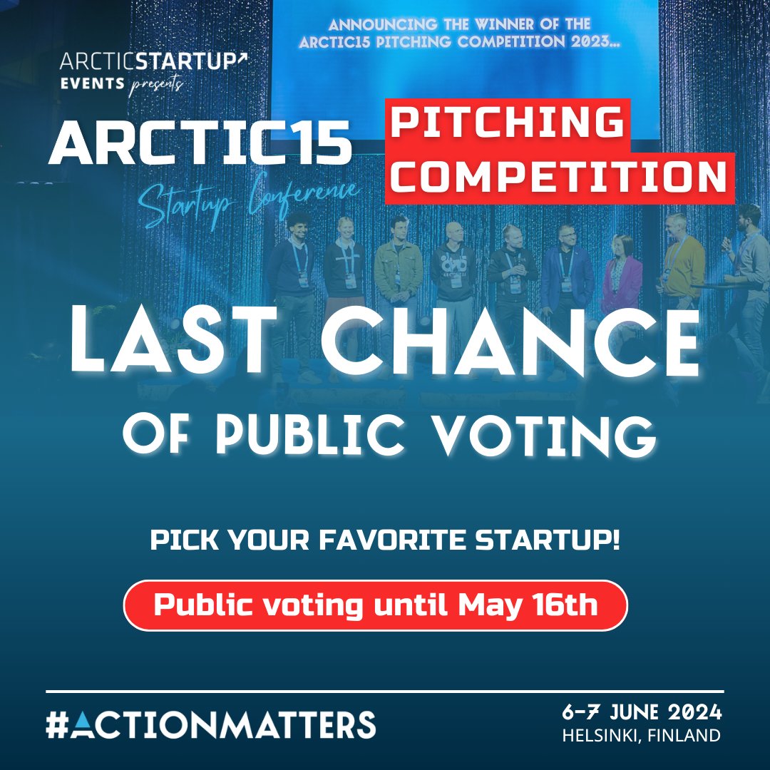 🚨Today is the LAST chance to vote for your favorite startup for the Pitching Competition!🚨 Which startups deserves a shot at €150k? 👀
🎉Tomorrow we will announce the top 15 who will pitch on Day 2! 

Last chance to vote: arctic15.com/arctic15-helsi…