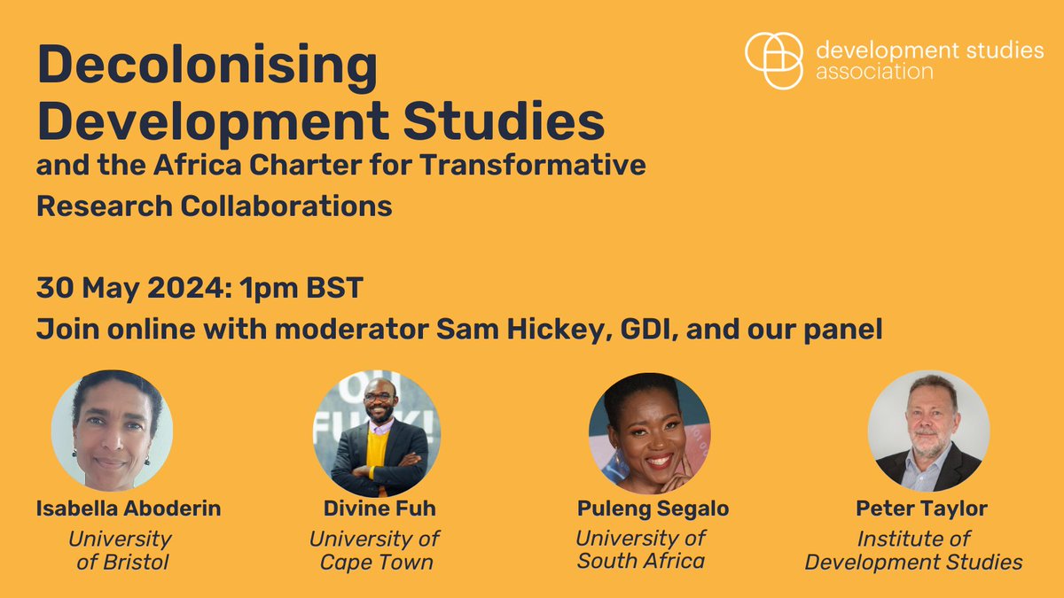 Development Studies Association (@devcomms) on Twitter photo <a href="/ThinkConvivial/">Convivial Thinking</a> we hope to have thoughts, comments & questions from your collaborative network at the DSA webinar on decolonising development studies and the Africa Charter for Transformative Research Collaborations.
🗓️30 May
👋🏿All welcome
devstud.org.uk/2024/04/30/dsa… <a href="/ThinkConvivial/">Convivial Thinking</a> we hope to have thoughts, comments & questions from your collaborative network at the DSA webinar on decolonising development studies and the Africa Charter for Transformative Research Collaborations.
🗓️30 May
👋🏿All welcome
devstud.org.uk/2024/04/30/dsa…