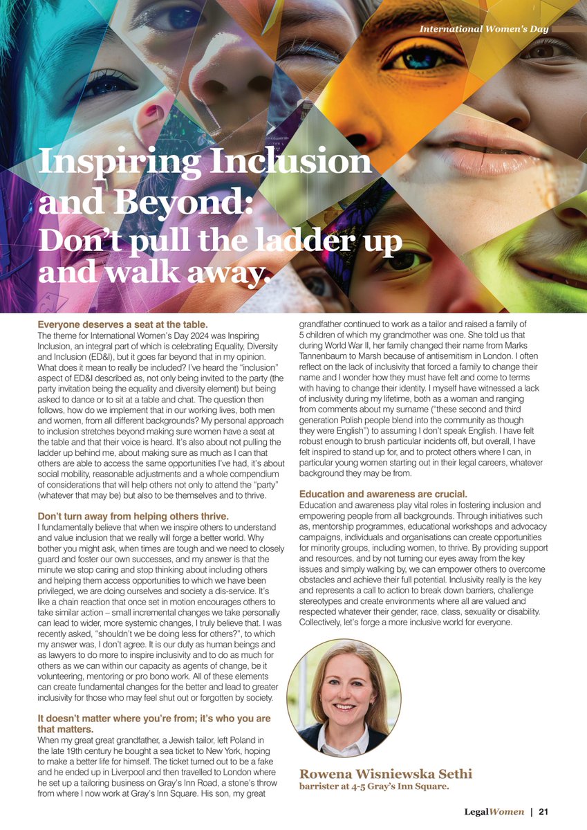 In the May edition of <a href="/legal/">Legal</a>-women  4-5's Rowena Wisniewska delivers a thought-provoking take on what inclusion truly means to her. 

You can read the article in full here: 
bit.ly/3WCKE8F  
#InclusionMatters #ProfessionalGrowth #LegalIndustryInsights