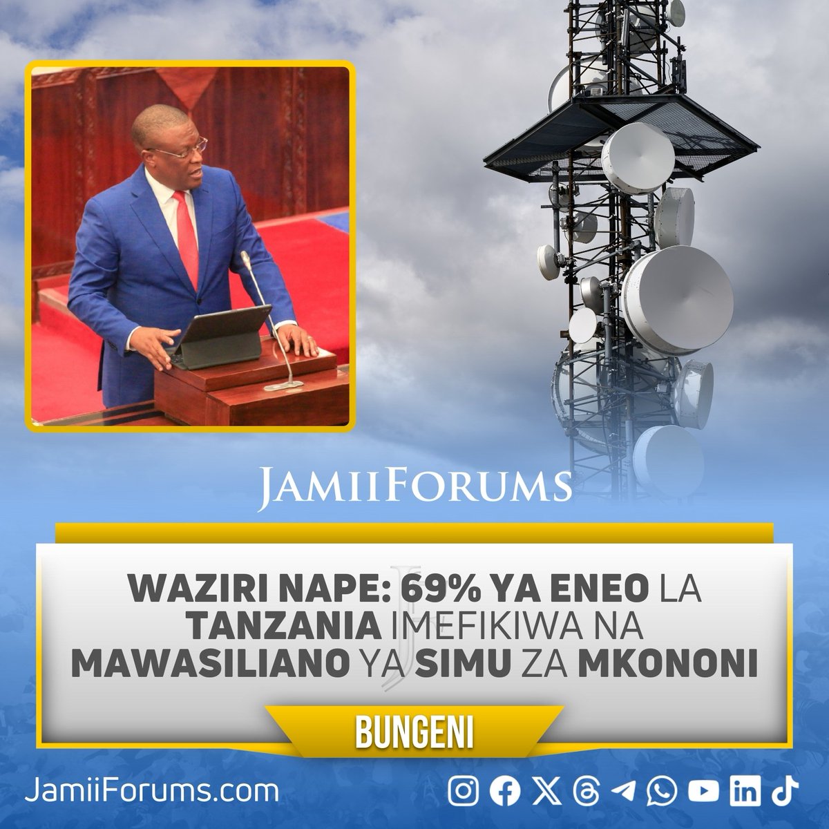 HAKI ZA KIDIGITALI: Waziri wa Habari, Mawasiliano na Teknolojia ya Habari, Nape Nnauye amesema Uchambuzi uliofanywa na Wizara hadi kufikia mwaka 2023, ulionesha Ardhi ya Tanzania inapata Mawasiliano ya Simu za Mkononi kwa 69% Akiwasilisha Bajeti ya Wizara hiyo #Bungeni Dodoma,