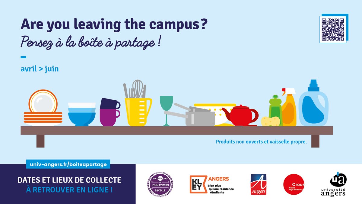 [Collecte boîte à partage] Pour rappel vous avez jusqu'au 21/06 pour déposer vos dons : matériel de cuisine (vaisselle, ustensiles...) & produits ménagers et d'hygiène (non ouverts !) sur les différents campus. + d'infos 👉 bienvenue.univ-angers.fr/fr/accueil/ #UAsolidaire