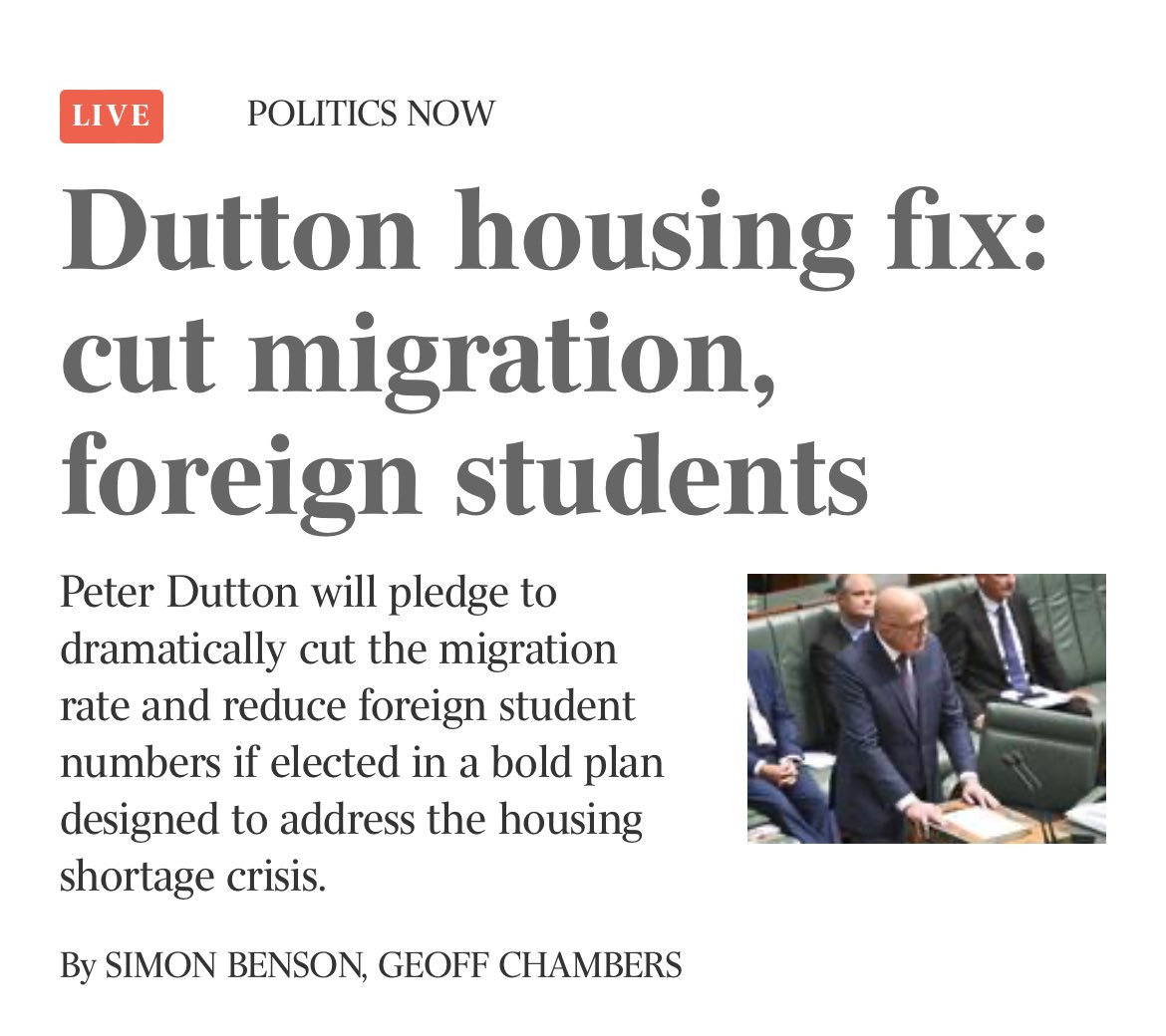 Dog whistle politics by Dutton.

The Coalition’s election pitch is to blame structural failings in the housing market on foreign students and migrants. Ignoring decades of non-investment by the Commonwealth in public housing that caused the crisis.

Let’s be better than that.