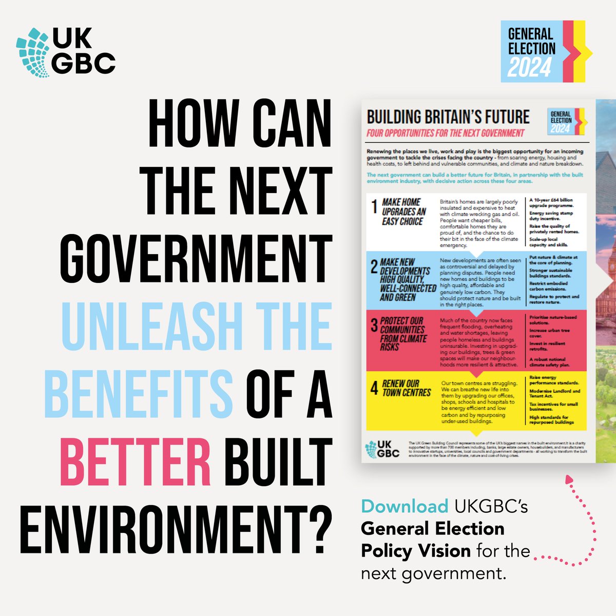 📣We’re due a general election – but what are the opportunities for the next government in the built environment? UKGBC has compiled the 4 key policy pledges that the next government should embrace to renew the places we live, work and play 🔎Explore: ukgbc.org/resources/poli…