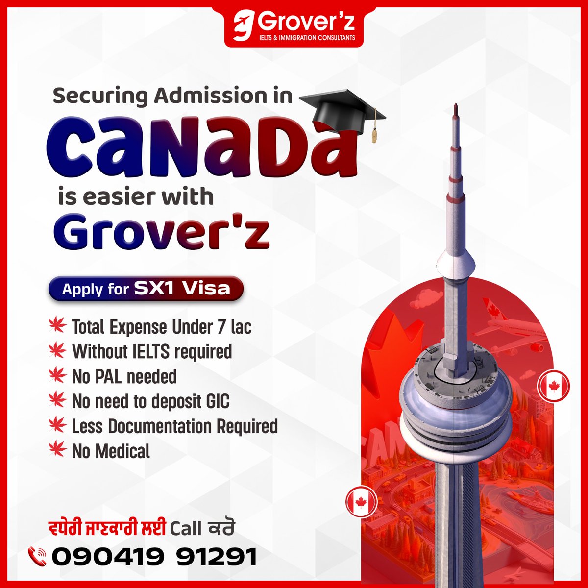Apply for the SX1 Visa and enjoy a hassle-free process: ✅ No IELTS, PAL, or GIC deposit required ✅ Total expense under ₹7 Lakh ✅ Minimal documentation & no medical needed #GroverzIeltsImmigration #Canada #SX1Visa #Studyincanada #settleincanada #CanadaImmigration
