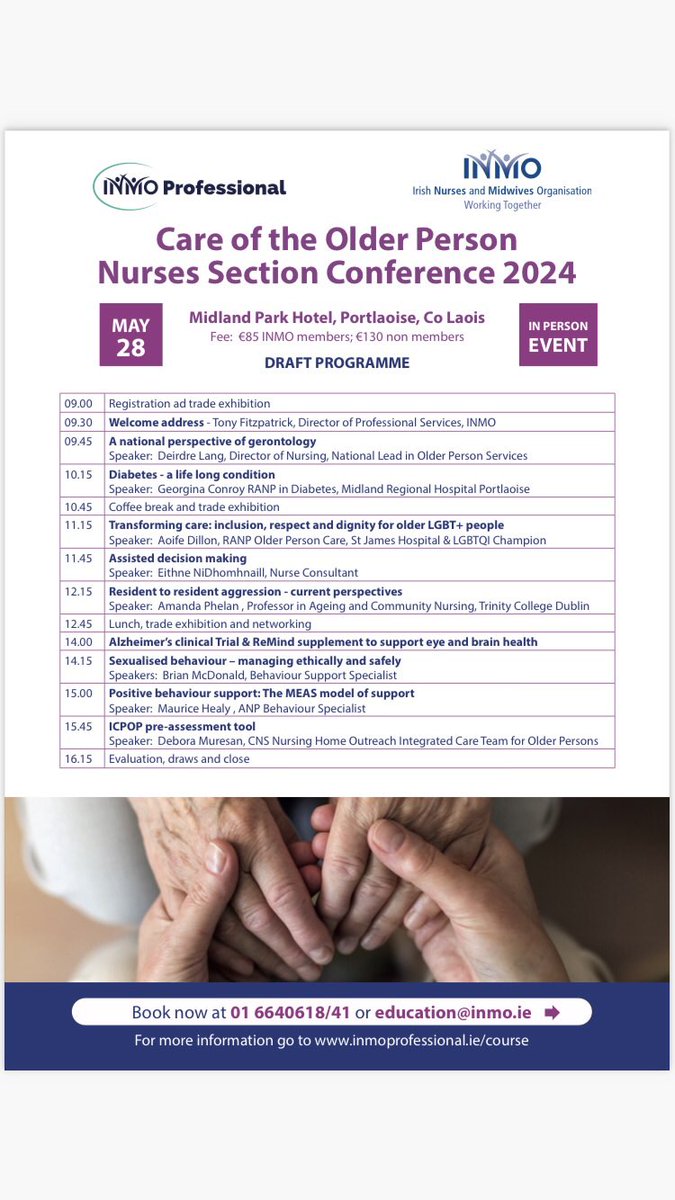 Great line up for @INMO_IRL Care of the Older Person section conference 28th May 👇🏻 Delighted to be asked to speak again & looking forward to a good conversation re: inclusion, respect & dignity for older LGBT+ people in our services. inmoprofessional.ie/Course/Offerin…