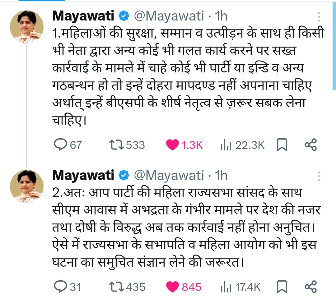 आप सांसद स्वाति मालीवाल के साथ हुई मारपीट को लेकर बसपा सुप्रीमो मायावती की पोस्ट। #SwatiMaliwal