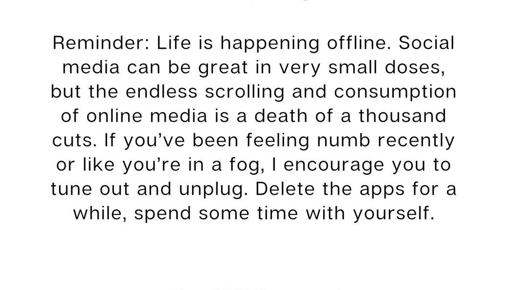 Reminder: life is happening offline.
#SocialMedia is to be consumed in small doses. At least one day a week switch off completely, set time limits for daily consumption before it consumes you.
#AAH #CyberSafety #India