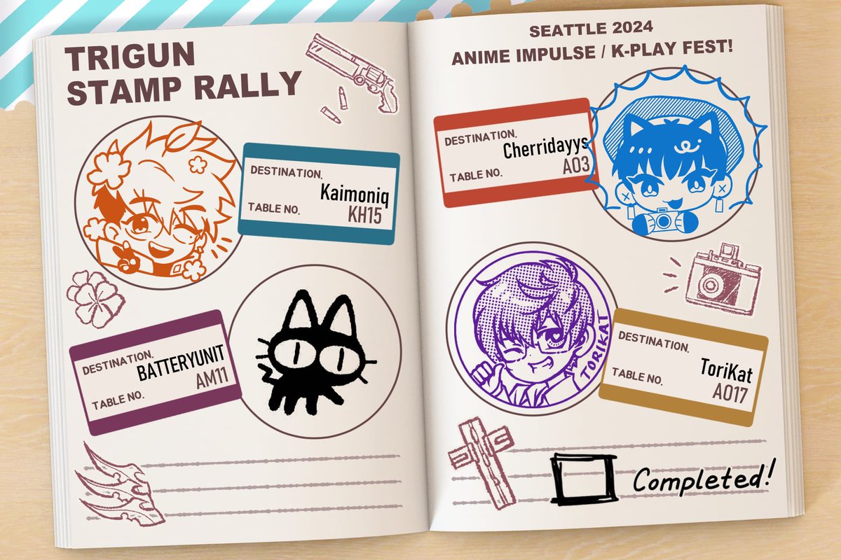 🚂Ready, Steady, ROLL-!! 💥

We're hosting a Trigun STAMP-ede Rally at #AnimeImpulse / #Kplayfest Seattle! Make a stop at each destination and collect all stamps to get a prize pack from me and participating artists! ☺️

🎟@cherridayys
🎟<a href="/batteryunit/">yuni</a>
🎟<a href="/ToriKatART/">ToriKatART</a>