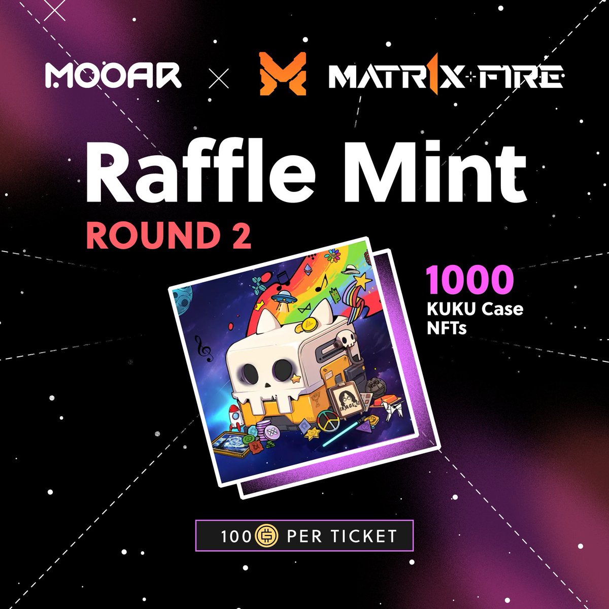 Join the @MOOAROfficial #Matr1xCase Raffle Mint Pt. 2

Open to ALL - May 16-18, 3 rounds, 24 hours each.

Grab unlimited tickets at 100 $GMT each.

No win? Full refund.

Don't miss out: mooar.com/rafflemint/mat…