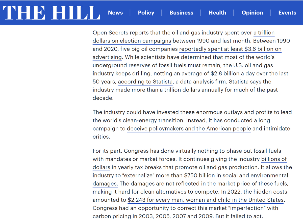 "[We] pay for fossil fuels 4 times: through tax subsidies; in energy bills; with health care and environmental costs; and with rapidly growing costs of climate-induced disasters"

Why? Big Oil spent a trillion dollars on election campaigns since 1990

thehill.com/opinion/energy…
