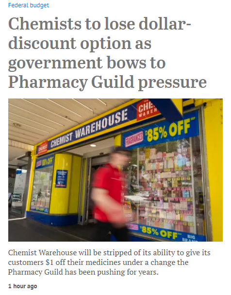 TMFScottP's tweet photo. "PM and OL, why is it more important to have some way to undermine your political opposition than to make sure consumers get a better deal?
"Why will you run a joint protection racket for pharmacy businesses, rather than promote competition?"
#QuestionsForPoliticians #auspol https://t.co/JbSkXcJEcY