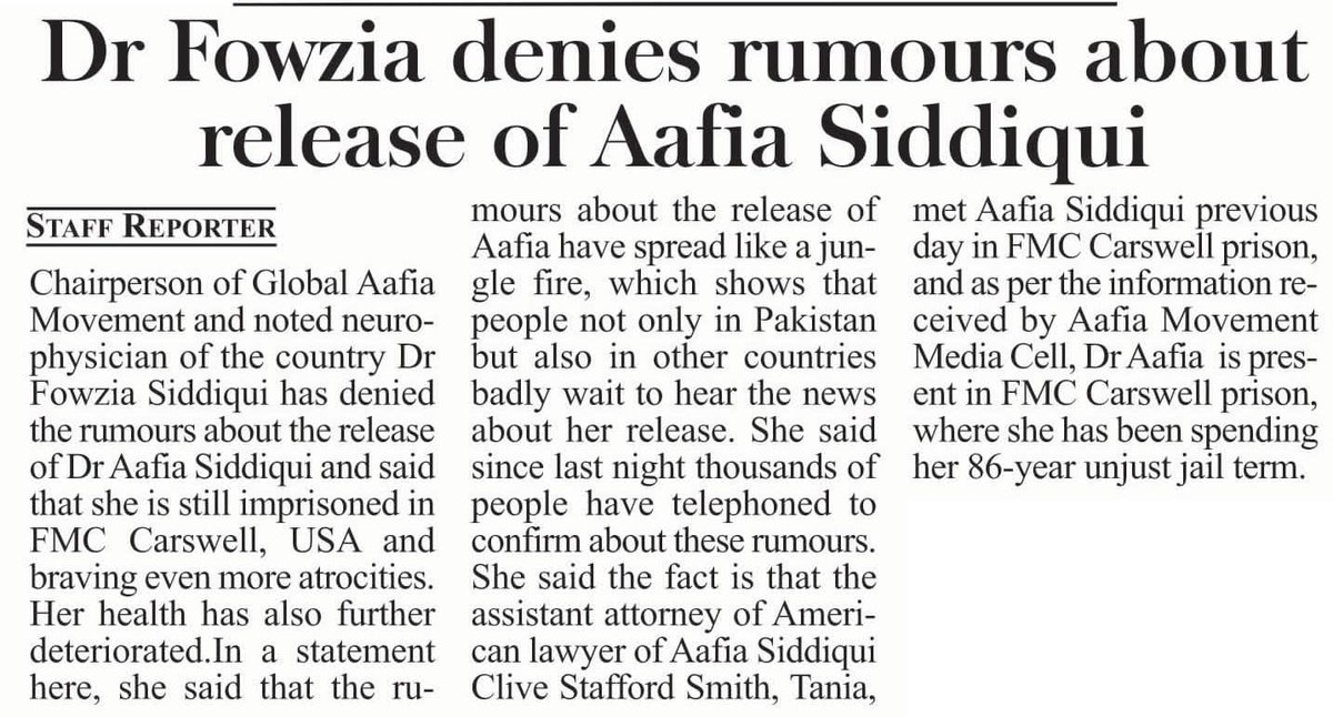 These Rumours are hurtful and a cause of agonising pain for our family and hindering our efforts to get her release. Kindly refrain from spreading anything about #Aafia unless you see it on @Aafiamovement @CliveSSmith @FowziaSiddiqui Thank you all for your love and support.