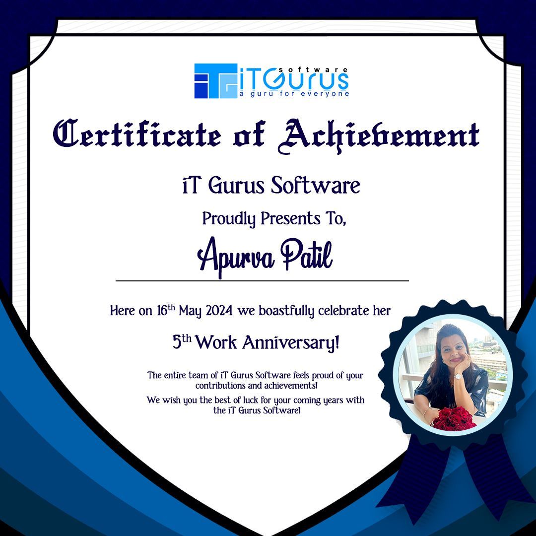 Your contributions make a real difference.
Happy Work Anniversary to @ Apurva Patil from Team iT Gurus Software!

#career #TranscendentalITServices #GurusOfIT #iTGurussoftware #employeespotlight #employeeappreciation #workanniversarycelebration #workanniversary