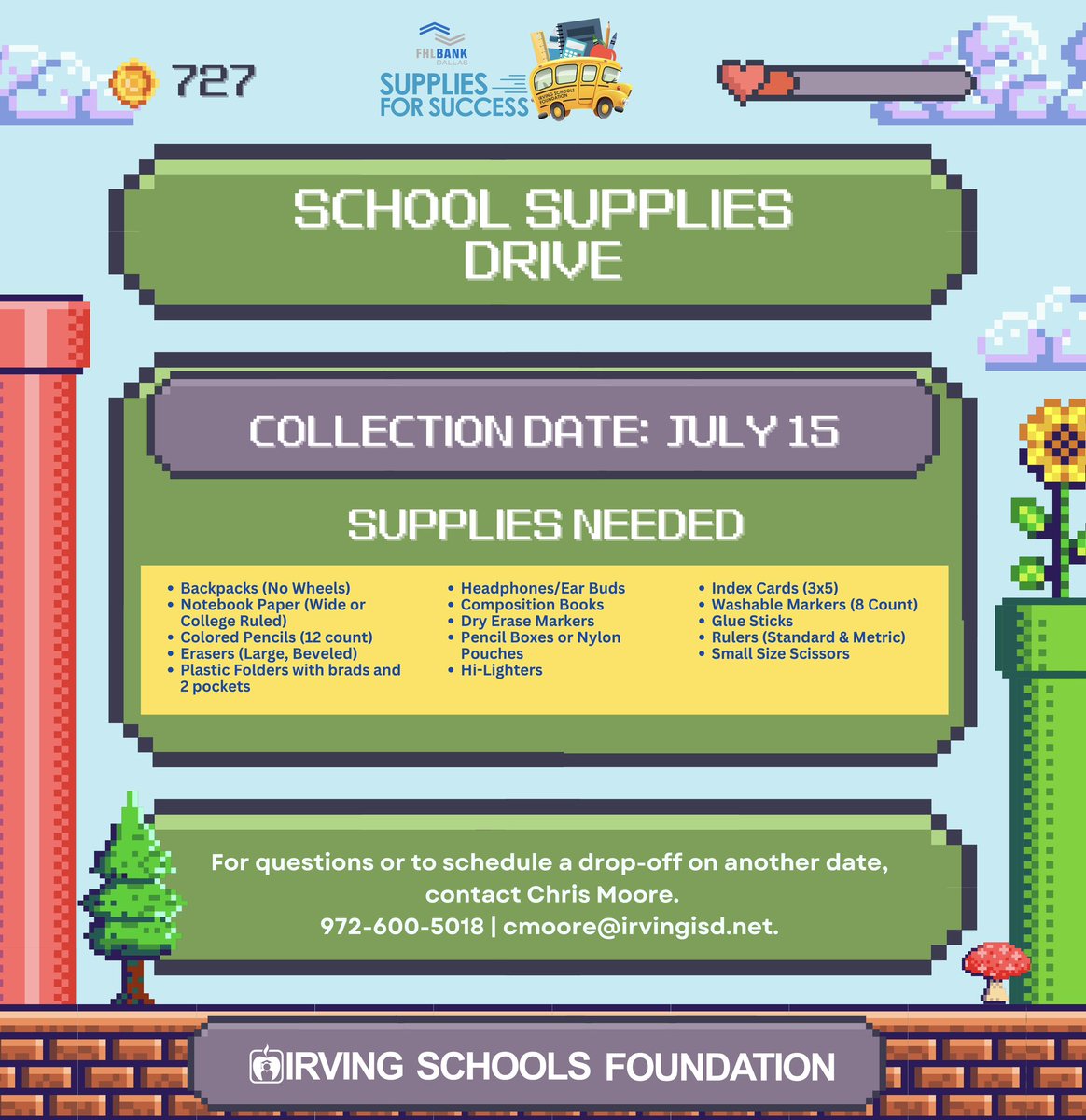 We are GEARING UP for our Supplies for Success event to help make sure @IrvingISD students have everything they need to succeed next school year. We need your help! 💚 🗓 COLLECTION/Drop off: July 15th @IrvingHigh contact Chris Moore: 📞 972-600-5018 📧 cmoore@irvingisd.net