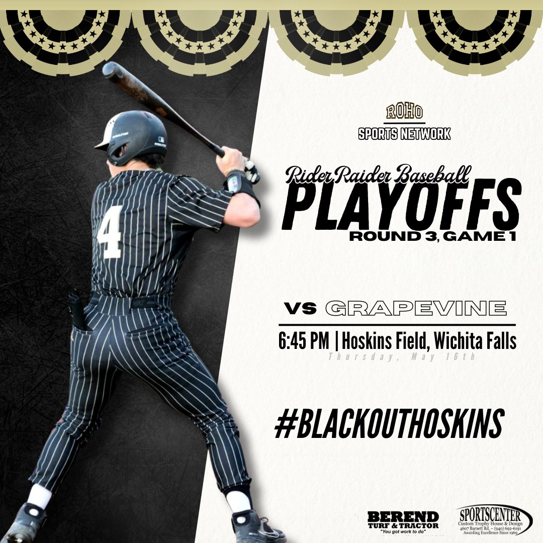 🚨Attention ROHO Nation🚨

Playoff Baseball is LIVE tonight at home.

Pack the stands, wear black, and listen live at ROHOSportsNetwork.com

Broadcast begins at 6:45pm.

#BlackoutHoskins

#ROHO | #OFOT | #Team62