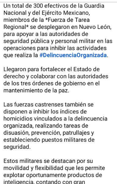 Creen que así.
300 elementos más de SEDENA y Guardia Nacional llegaron a Séptima Zona Militar en Apodaca, Nuevo León para sumarse a tareas de seguridad regional e inhibir a bandas criminales, que este 2024 provocan peor oleada de violencia en 11 años en ZM Monterrey y poblados.