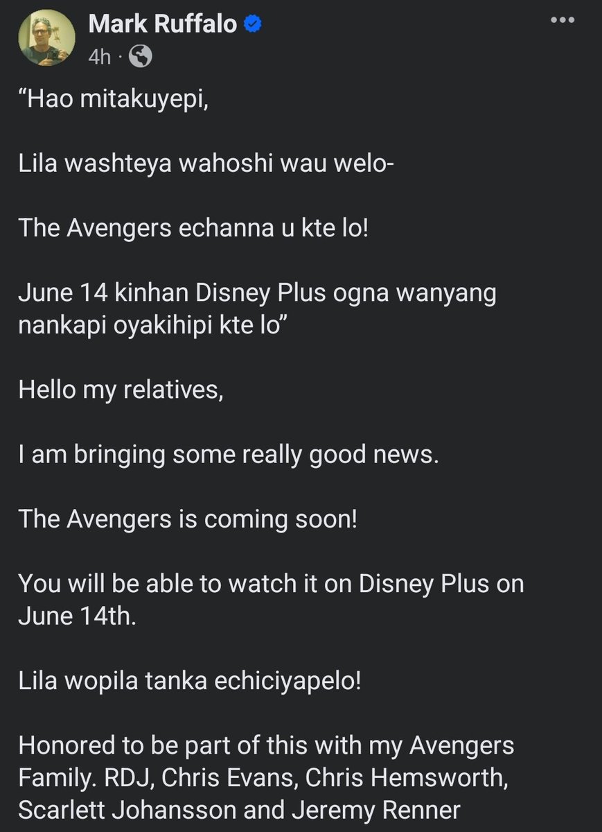 YOO WE ARE GETTING OUR OFFICIAL LAKOTA LANGUAGE DUB OF AVENGERS ON JUNE 14TH! Can't believe this is real still I'm so excited @MarkRuffalo @MarvelStudios wopila!  👏🏽👏🏽👏🏽🔥🔥