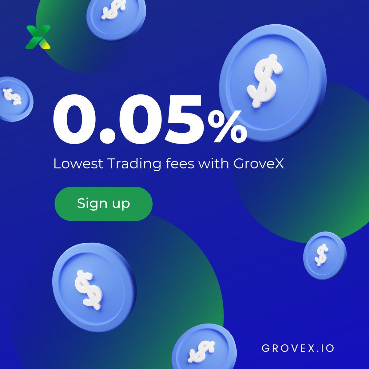 Trade more, pay less! 
Enjoy the lowest trading fees at just 0.05% on GroveX. Start trading today and maximize your crypto gains! 💰

#LowFees #GroveXTrading #CryptoPortfolio #Diversify #ListOnGroveX #GroveX #USDT #ETH #Crypto #Market #CryptoX #cryptocurrency #BNB