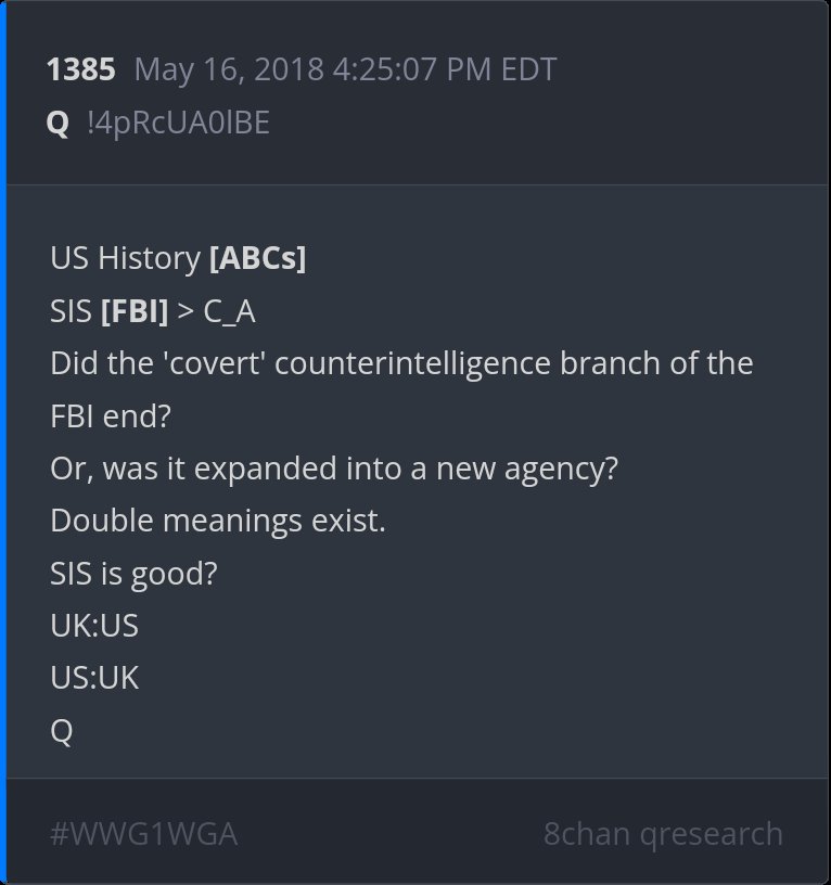 6 year Delta - US History [ABCs] SIS [FBI] > C_A Did the 'covert' counterintelligence branch of the FBI end? Or, was it expanded into a new agency? Double meanings exist. SIS is good? UK:US US:UK