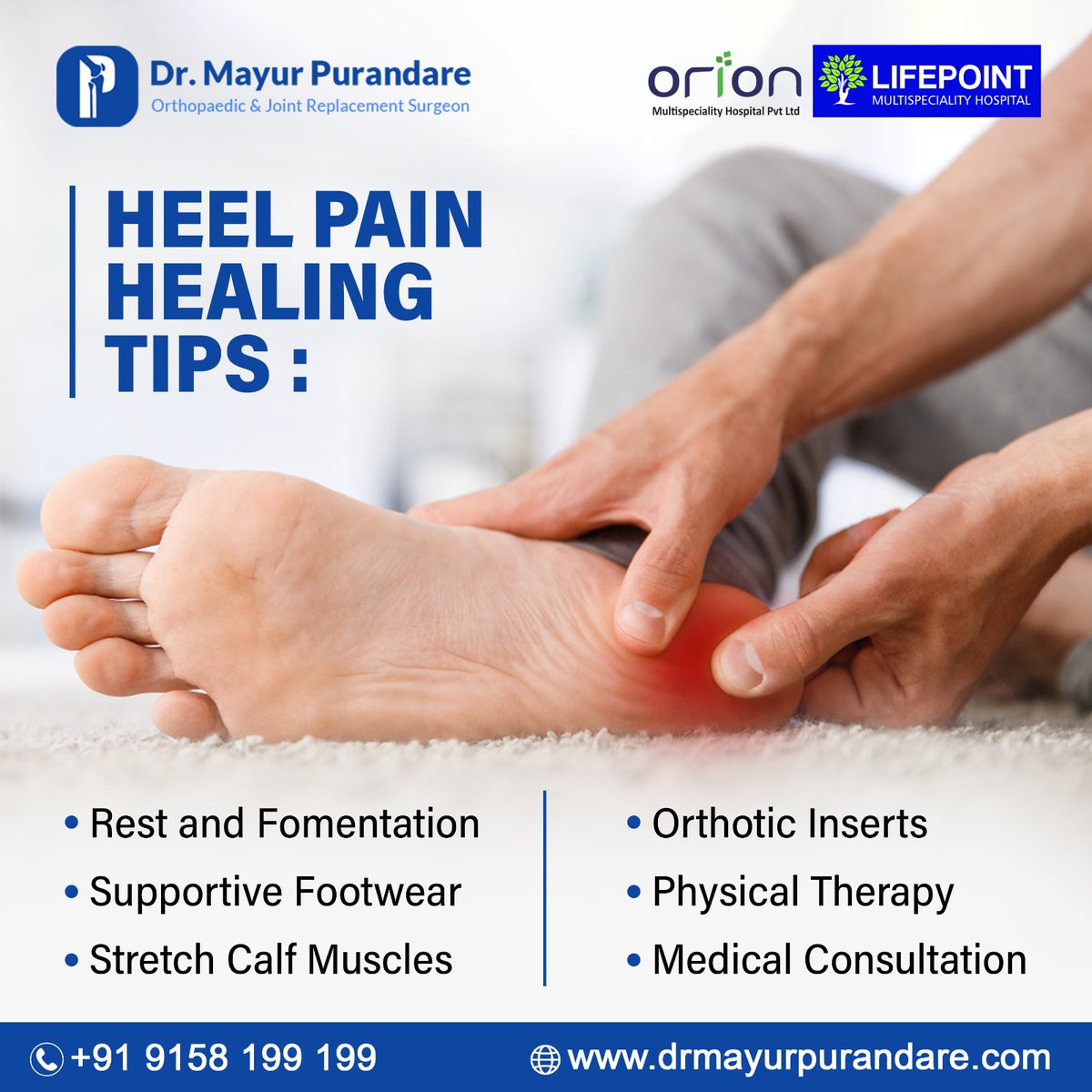 While heel pain can be challenging to manage, implementing these strategies can significantly improve your comfort and promote healing.
.
🌐 Website: drmayurpurandare.com

#orthopedicsolutins #drmayur #pune #ravet #heelpain #heelpainhealing #heelpaintreatment #heelpainrelief