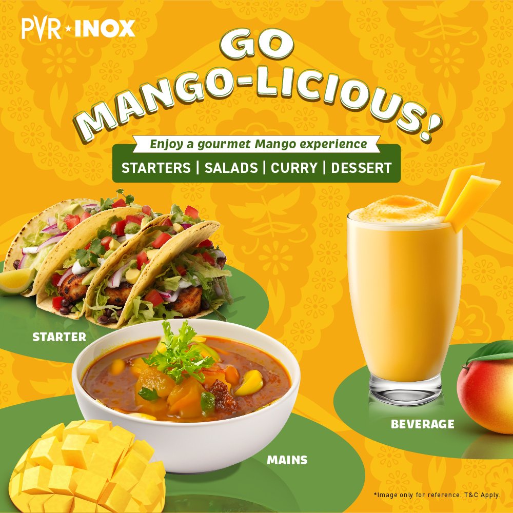 Experience the divine flavors of mango at PVR INOX! Treat yourself to our delicious mango-inspired delights and dive into a world of Mangolicious goodness! 🥭✨ *T&C Apply . . . . #PVR #INOX #Mangolicious #Starters #Main #Beverage #Curry #Dessert #Salads