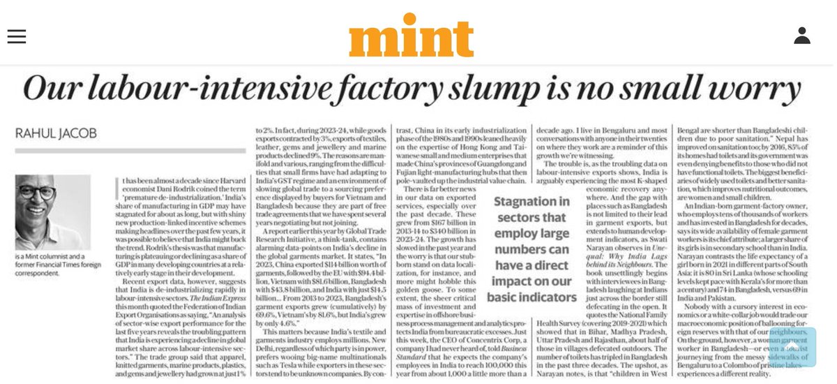 Labour intensive manufacturing slump in India👇🏽 During 2023-24, while goods exports contracted by 3%, export of textiles, leather, gems & jewellery & marine products declined 9% “In 2023, China exported $114 billion worth of garments, followed by the EU with $94.4 billion,++ .