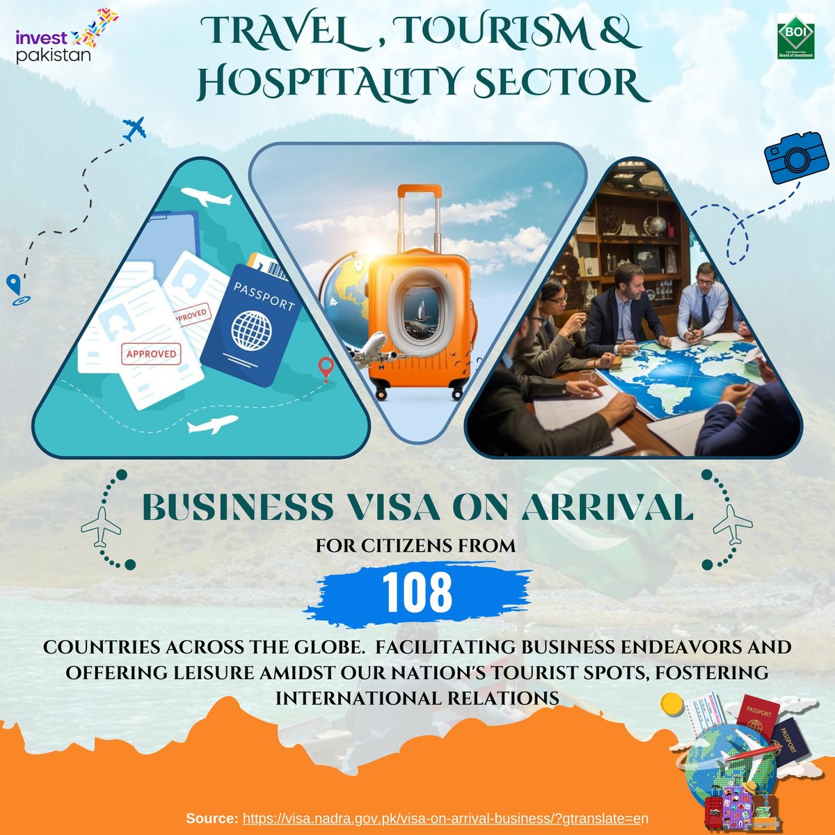 Pakistan is extending a warm welcome with Business Visa-On-Arrival to citizens from 108 countries!
Embrace the opportunity to conduct business seamlessly while indulging in the splendor of Pakistan's stunning tourist spots. 
#InvestInPakistan #tourism #explorepakistan