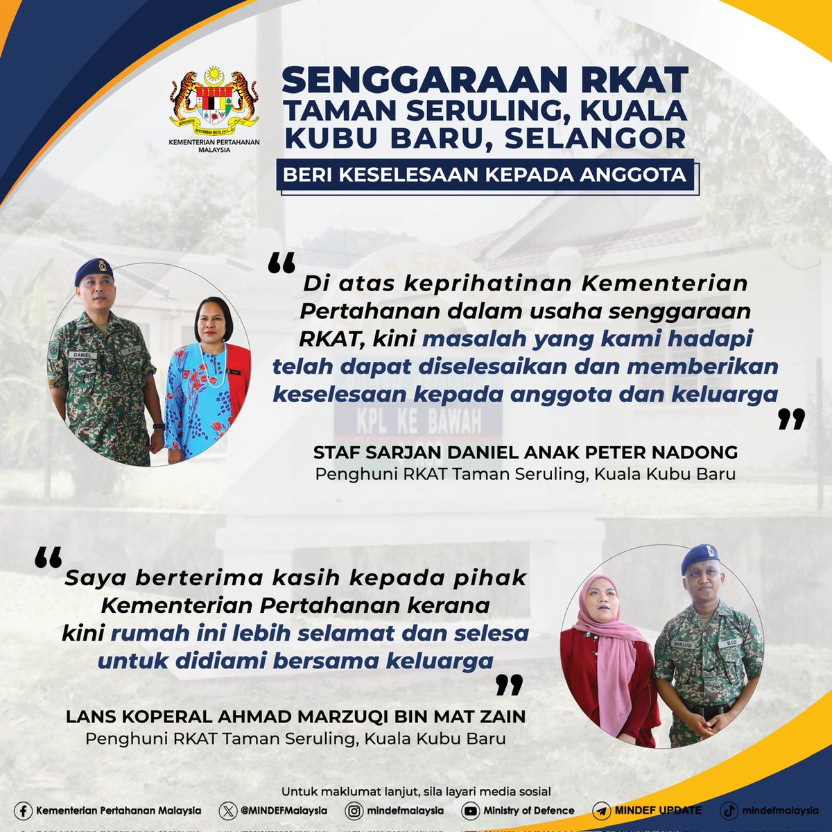 Penyelenggaraan RKAT sentiasa menjadi fokus utama Kementerian Pertahanan dalam menjaga kesejahteraan warga Angkatan Tentera Malaysia. Baik pulih masalah kerosakan mampu memberi keselesaan kepada anggota termasuk keluarga.

#MindefMalaysia
#MindefUpdate
#KebajikanAnggotaATM
#RKAT