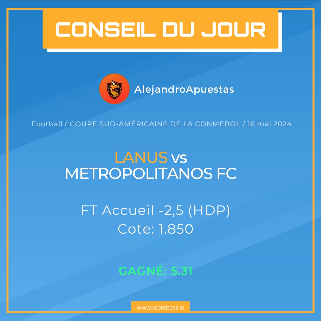 ScoreBoss_FR's tweet photo. ⚽Lanús 🆚 Metropolitanos FC ⚽

🌐https://t.co/031E3fWyIu

Profil de pronostiqueur : 🌐https://t.co/WML6OKbxh5

Rejoignez la communauté aujourd'hui ⬇

🌐https://t.co/Xuuz46v5QY

#ScoreBoss
#Pronostiqueurs https://t.co/I3DhXyTN2s