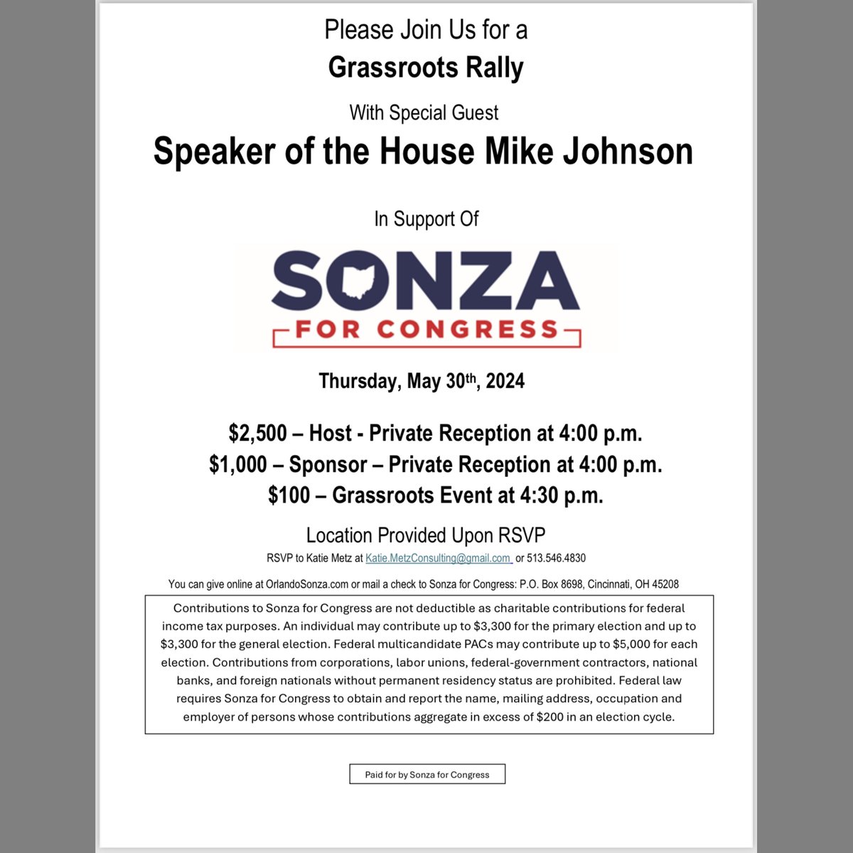 Two weeks from today, join @OrlandoSonza & Speaker of the US House, Mike Johnson, for a grassroots rally!

RSVP to Katie Metz at Katie.MetzConsulting@gmail.com or 513-546-4830.

#Republican
#Conservative
#OrlandoSonza
#OH1
#SpeakerJohnson
#SpeakerMikeJohnson
#WarrenCountyOhio