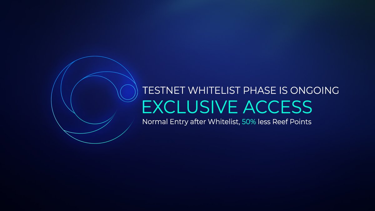 The exclusive Whitelist Phase for the testnet is in full swing, but it’s closing soon! 

Act now and secure your spot before it's too late! ⚠️ Once the Whitelist Phase ends, we’ll move to the Normal Entry phase, where Reef Points for testnet (Mesopelagic) will be reducing by 50%.