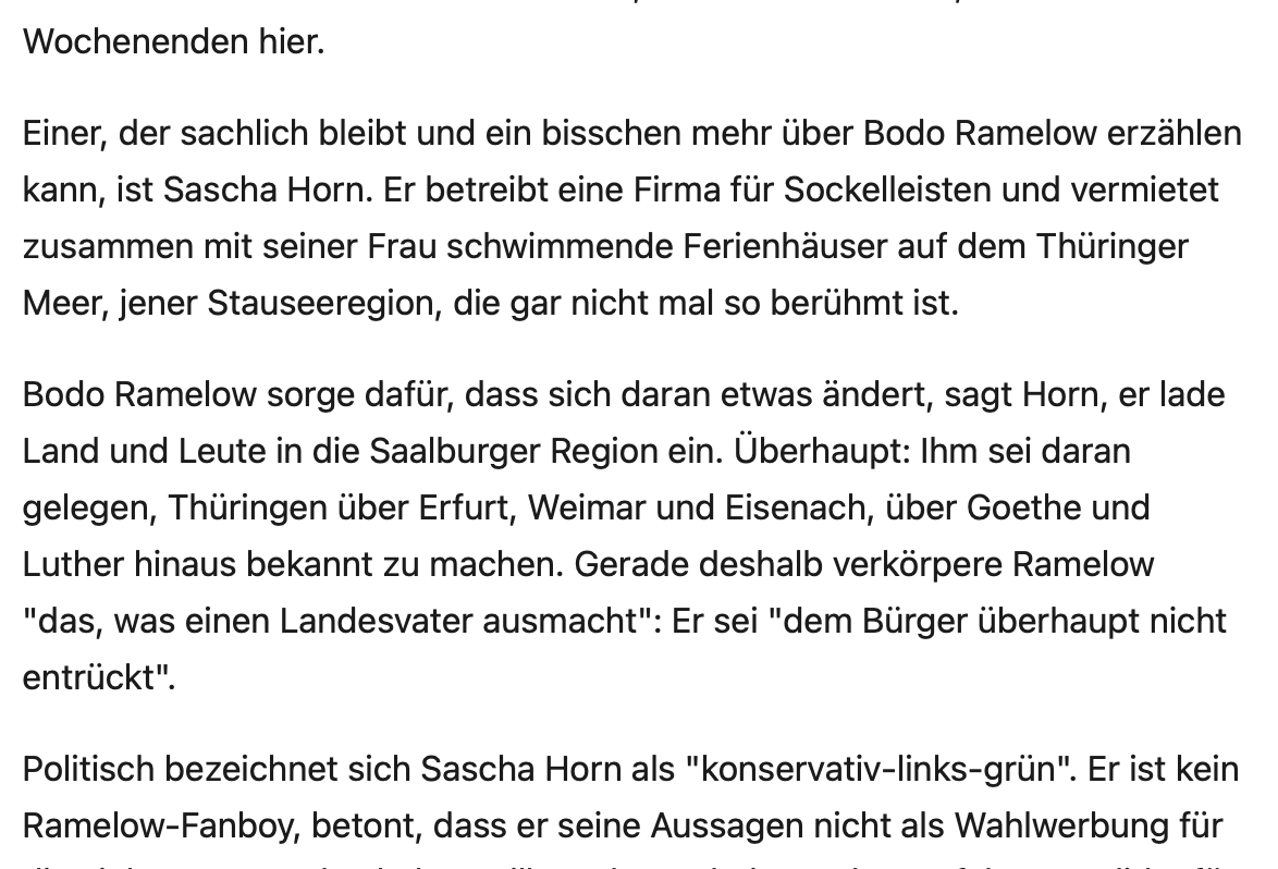 "...weil er selbst so viele Facetten habe, auch Widersprüche in sich vereine: Linker und gläubiger Christ, Kampfsau und Staatsmann..." Ein Porträt von <a href="/ma_lu_gr/">Marie-Luise Grauel</a> über <a href="/bodoramelow/">Bodo Ramelow</a>, das auch ein Porträt von #Thüringen ist. zeit.de/2024/22/bodo-r…