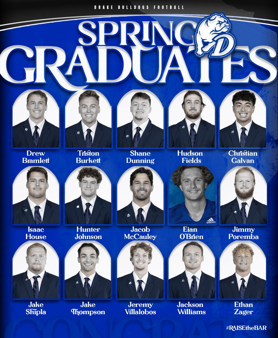 Drake Football (@drakebulldogsfb) on Twitter photo CONGRATS TO OUR BULLDOG GRADS!!
#RAISEtheBAR CONGRATS TO OUR BULLDOG GRADS!!
#RAISEtheBAR