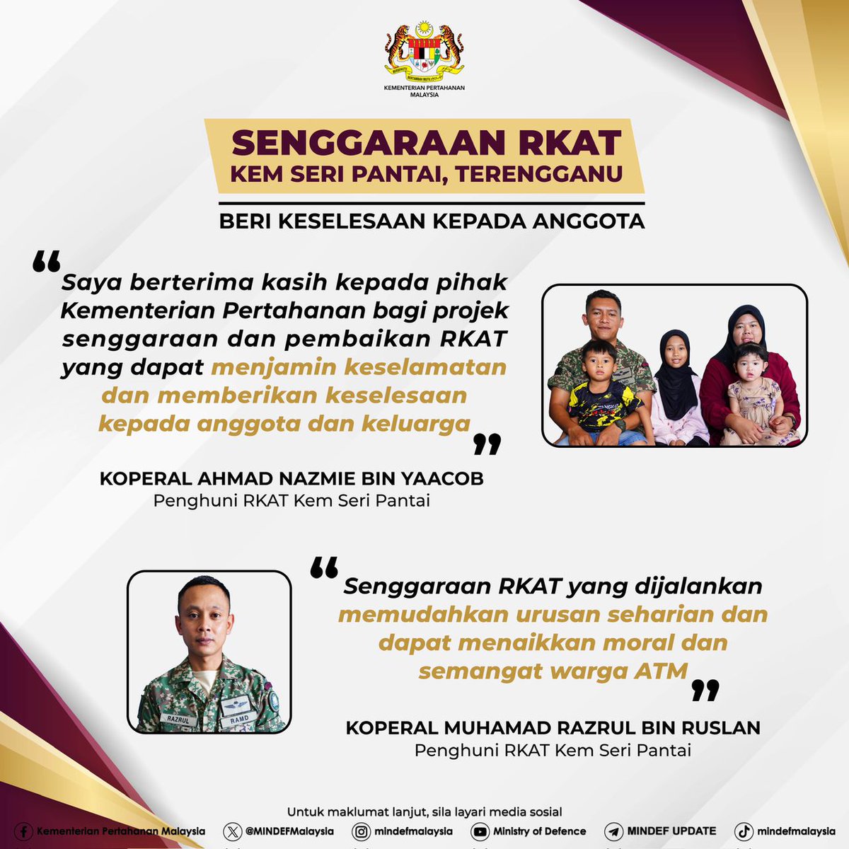Penyelenggaraan RKAT Kem Seri Pantai, Terengganu merupakan usaha Kementerian Pertahanan untuk menjaga kesejahteraan warganya serta mampu menaikkan moral dan semangat warga ATM.

#MindefMalaysia
#MindefUpdate
#KebajikanAnggotaATM
#RKAT