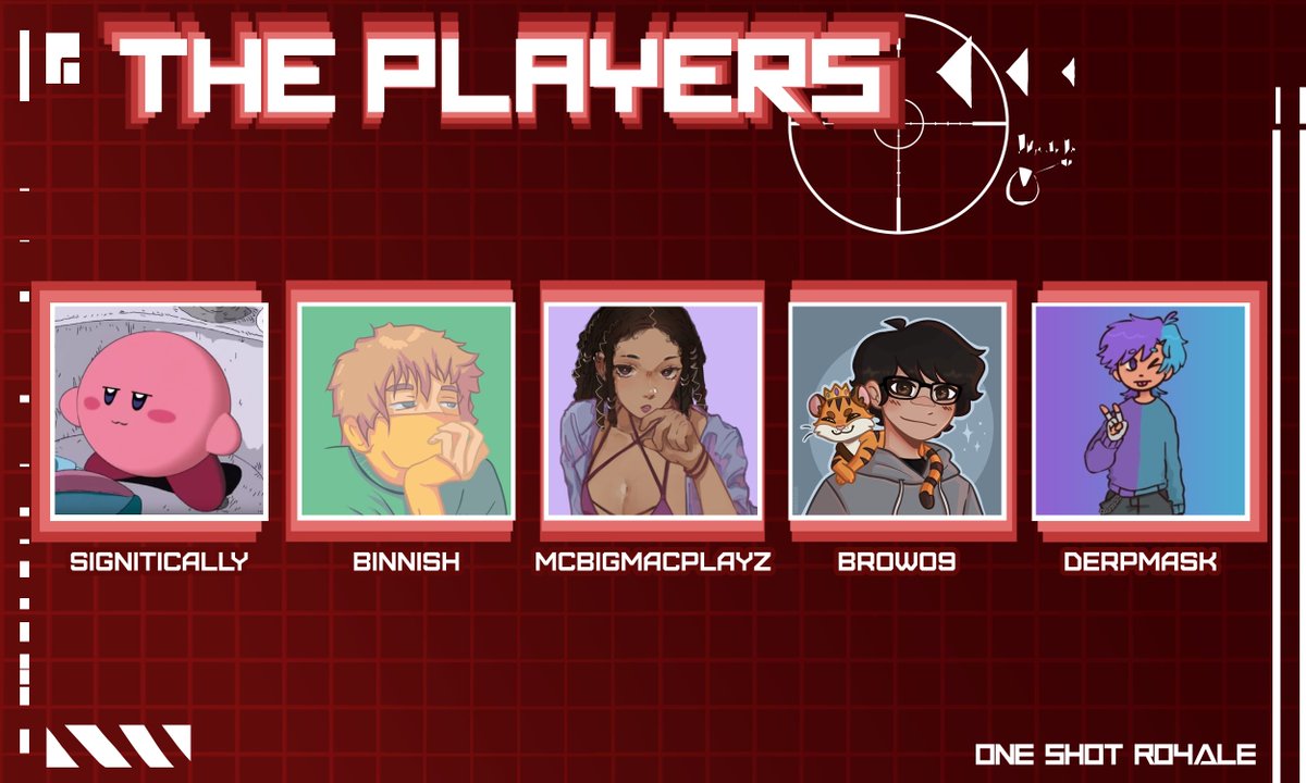 Announcing the 3rd batch of players for One Shot Royale 7!

<a href="/Signiticaly/">signitically</a> <a href="/Binnishh/">Binnish</a> <a href="/MCBIGMACPLAYZ/">Obi 🏳️‍⚧️</a> <a href="/browo9_/">BroWo9</a> <a href="/DerpMask/">DerpMask</a> 

Watch them brawl Sunday May 19th at 3PM EST!