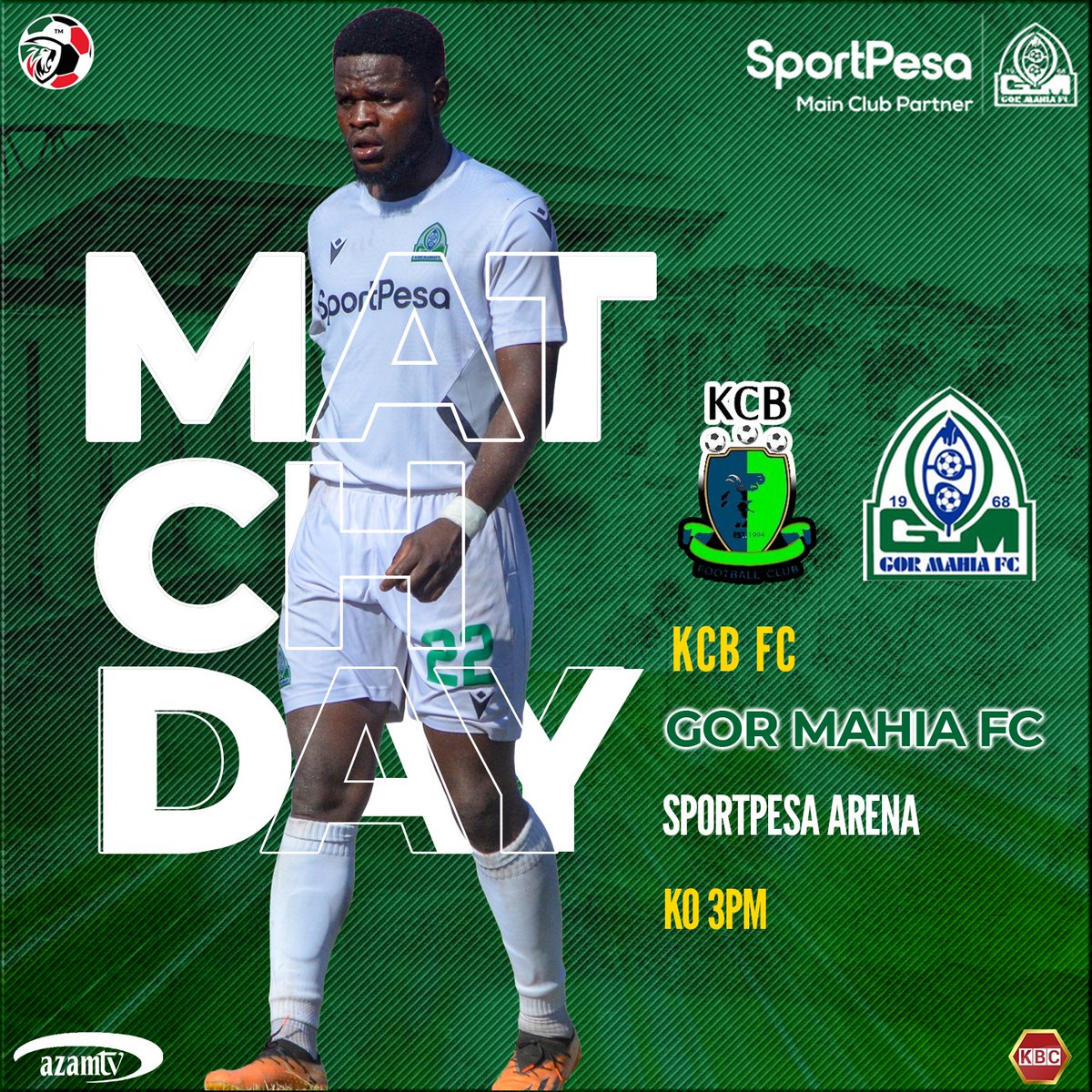 Match Day : KCB FC 🆚 GMFC 
🕟 3.00pm
🏆 Kenya Premier League
🏟 Sportpesa Arena

#SportpesaNaGor #Kogalo #Sirkal