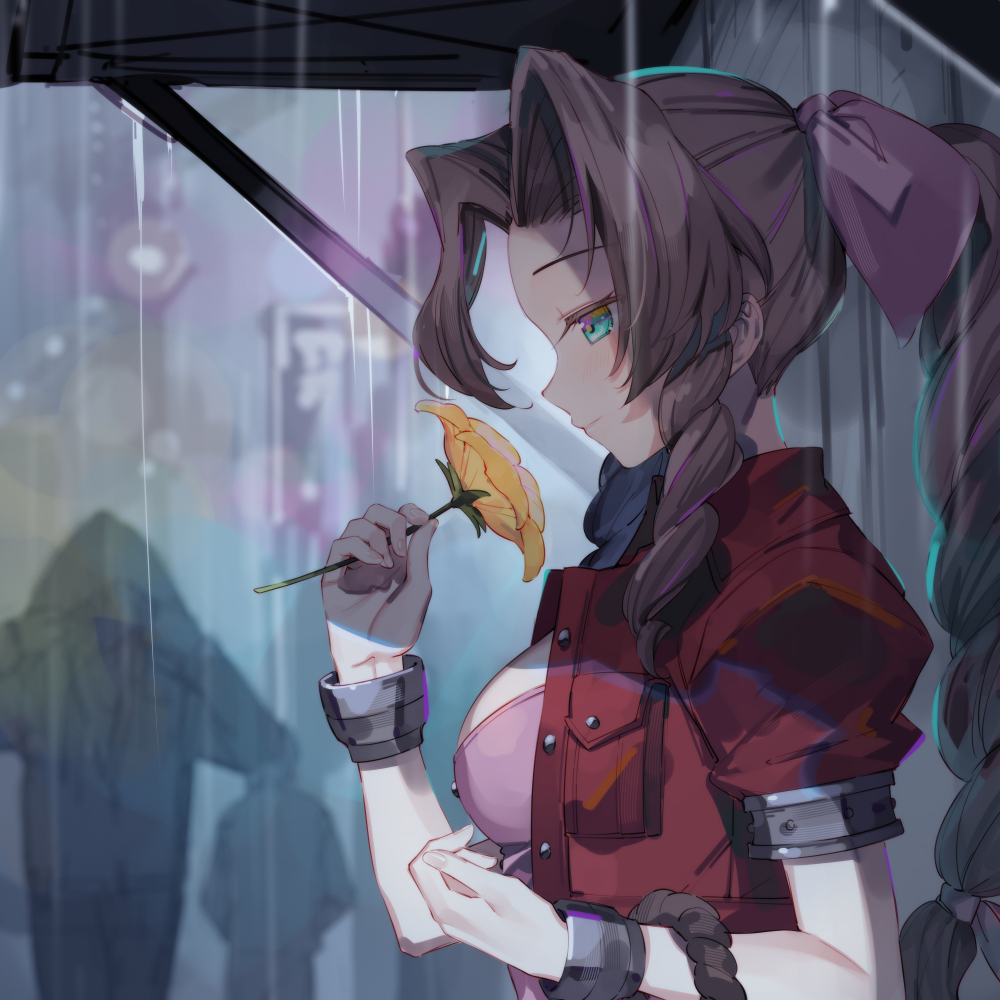 aerith gainsborough 1girl long hair breasts smile brown hair dress holding  illustration images