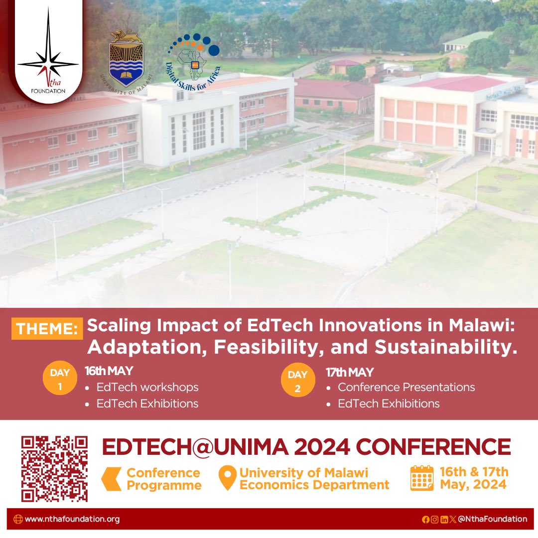 𝗜𝗧’𝗦 𝗧𝗢𝗗𝗔𝗬!!!

Commencing today, the 16th of May at the University of Malawi — #EdTechatUnima 2024: an exciting opportunity for collaboration, knowledge sharing, and networking within the realm of EdTech.

Find the conference programme here: nthafoundation.org/edtechunima-20…