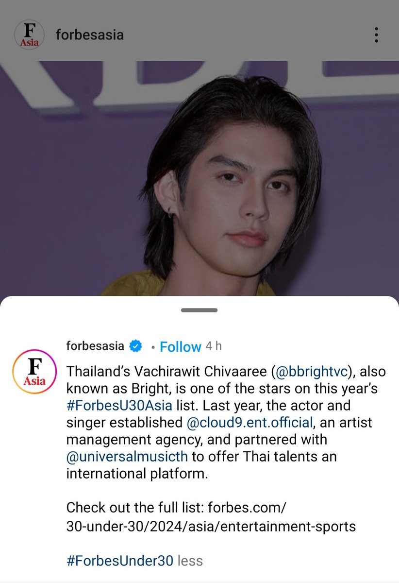 Thailand's Vachirawit Chivaaree is one of the stars on #ForbesU30Asia list.

Last Year, the actor & singer established #Cloud9Ent, an artist management agency, & partnered with Universal Music to offer Thai talents an international platform.

#ForbesUnder30
#bbrightvc @bbrightvc