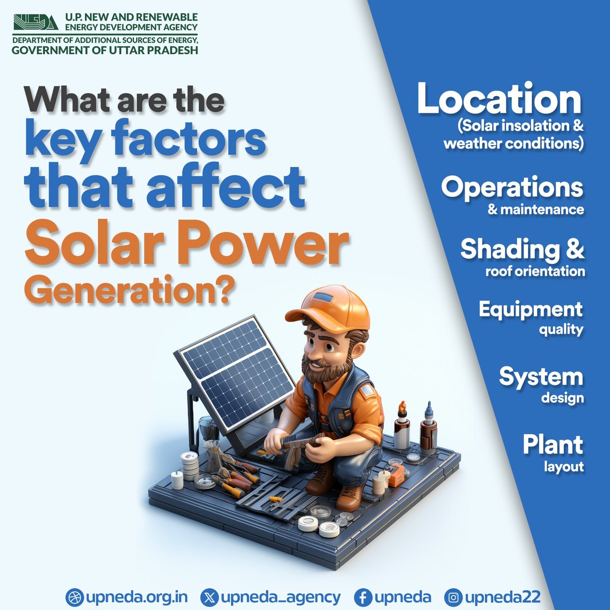 Discover the key factors impacting solar power generation! From location to equipment quality, understanding these elements is crucial for efficient solar energy utilization. 

#SolarEnergy #UPNEDA #RenewableEnergy 
#SolarPower #Sustainability #upneda_agency
@CMOfficeUP