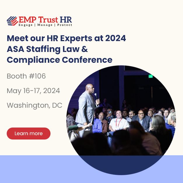 Catch EMP Trust at the Staffing Law Conference and Expo hosted by the ASA in a few hours! Swing by 📍 Booth #106 to explore our top-notch HR Solutions designed to elevate your HR compliance game. 
🔗: hubs.ly/Q02xlMQN0

#StaffingLawConference #HRCompliance #ASA