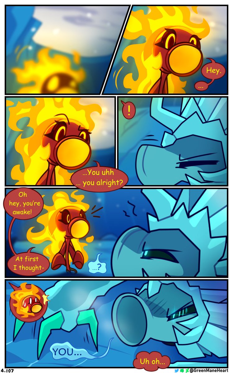 GreenManeHeart's tweet image. Fire and Ice Chapter 4: Fight Fire with Ice - PART 2
(final part)
Page 104 - 107 (continuation from PART 1)
More pages will continue in the thread π§΅ as always over the next few days, so please stay tuned~
#plantsvszombies #pvz2 #pvz #fancomic #pvzcomic